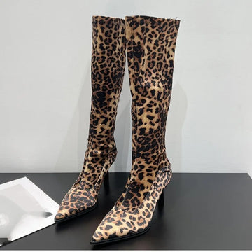Xajzpa Pointed Thin Heel Leopard Print Long Boots for Women's Fashionable Sexy Mixed Color Knee High Boots Large Size 43 Women's Shoes